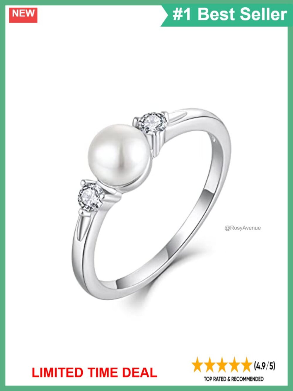 925 Sterling Silver Pearl Ring Cubic Zirconia Solitaire Statement Ring